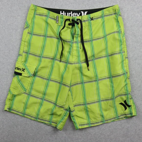 Hurley Other - Hurley Board Shorts Mens 34 Cargo Pocket Surf Swim Beach Trunks Lime Green Plaid